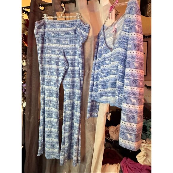 NWT blue fair isle VS pink x loveshackfancy waffle long thermal pj pajama set - Picture 8 of 13